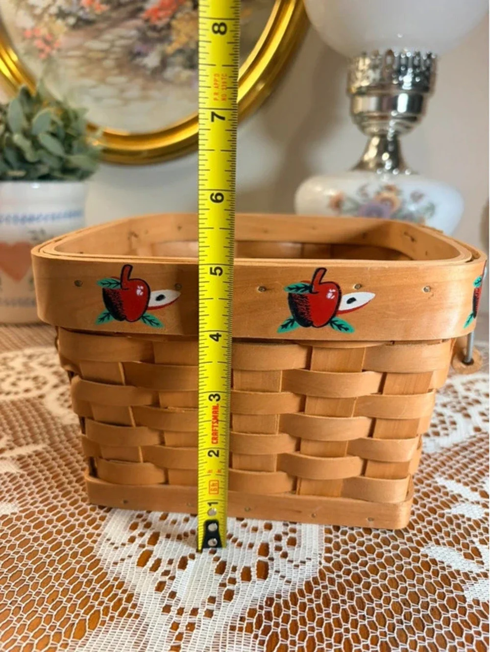 Apple Motif Woven Wood Gathering Basket with Swing Handle